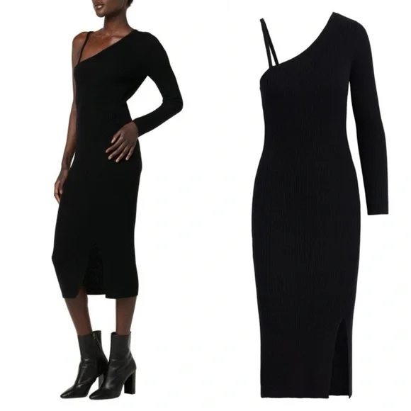 Hudson Jeans Merino Wool One Shoulder Dress Maxi in Black - Picture 2 of 7